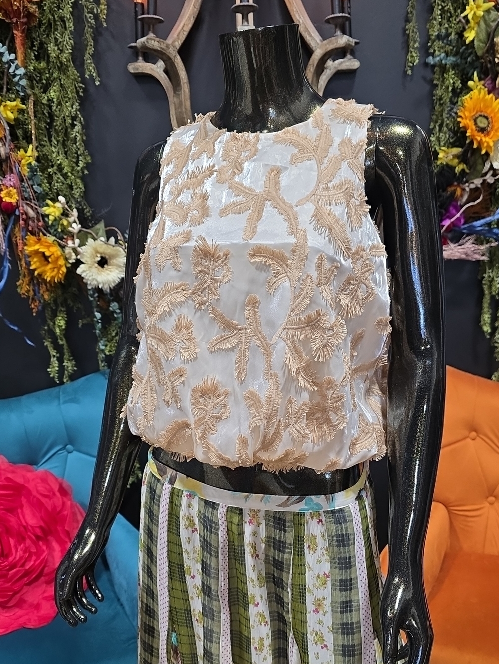 Sleeveless Embroidered Top  in Beige and White Detail